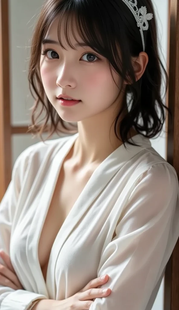 (masterpiece、high resolution、high quality)、(Beautiful and realistic Japanese women:1.5、Cool and cute:1.5)、White Angel、White coat full of scratches、nurse、To the hospital、Small areola