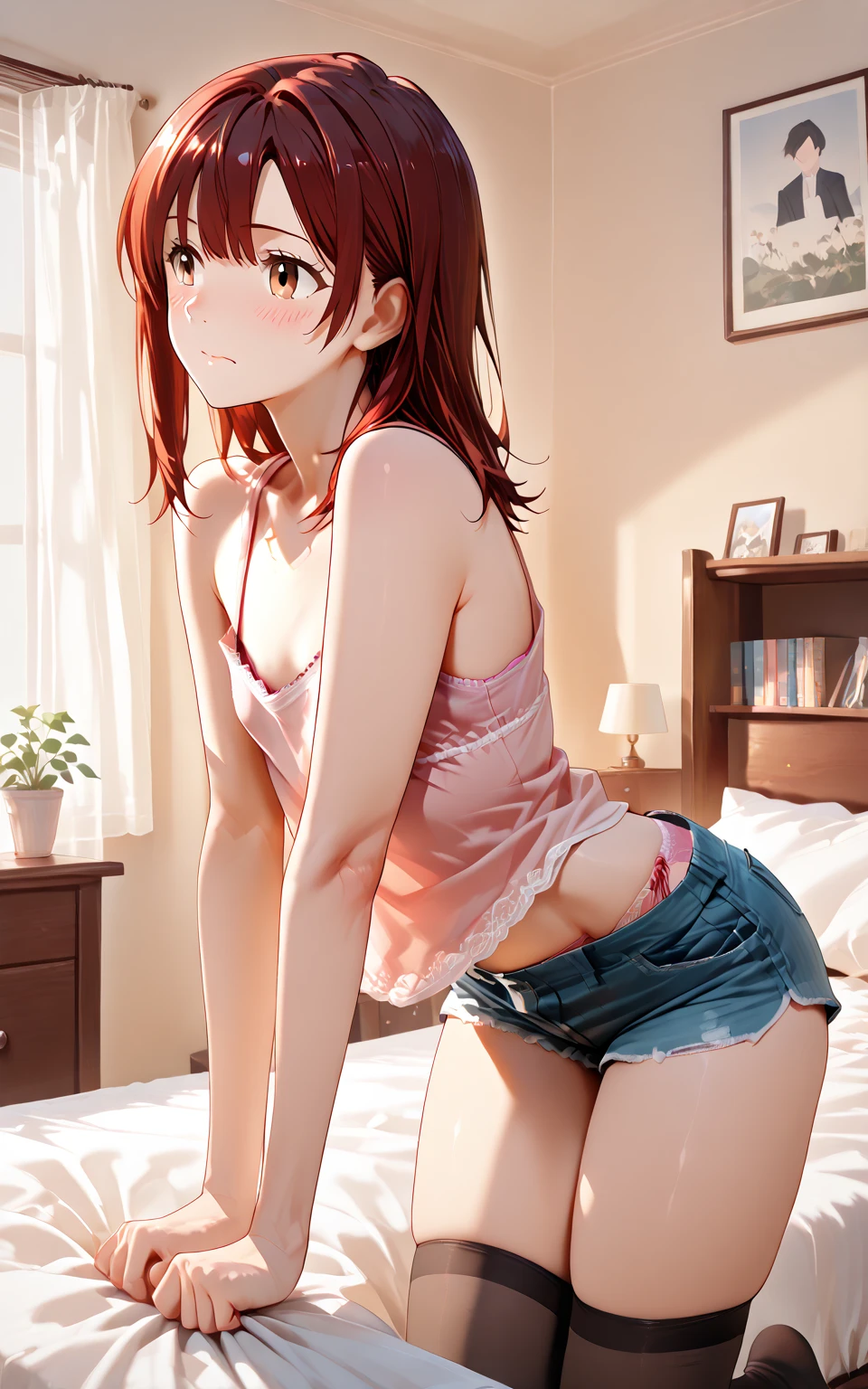 ((masterpiece,Highest quality:1.3,best quality illustration)),cowboy shot,1woman,16-year-old Japan beauty,((very small head:1.4)),short bob hair,bangs,(orange hair),brown eyes,gorgeous eyes,shy,medium breasts,((very long body)),(White loungewear T-shirt、Light grey micro shorts),(toned body,slender body,skinny),gleaming skin,shiny skin,oily skin,sweat,standing,Simple bed、Simple bedroom,simple hotel、Tokyo