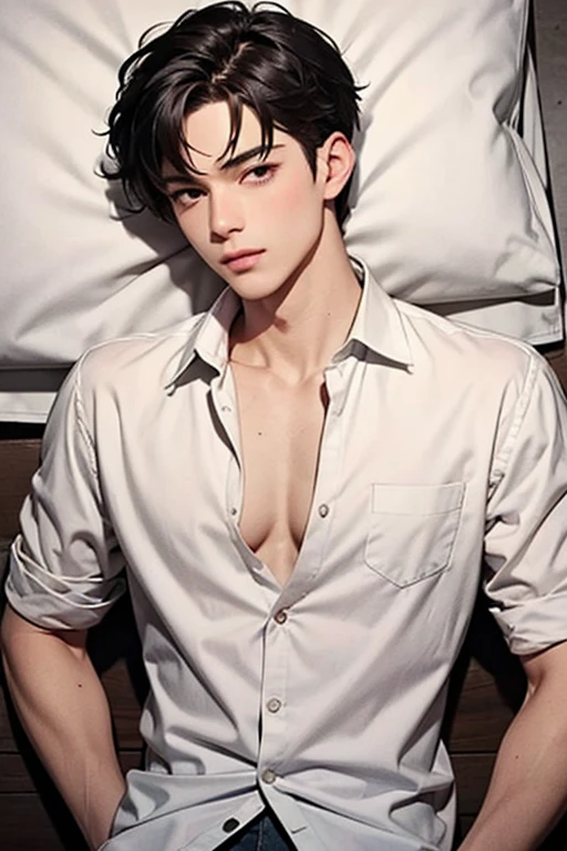 Early morning, bedroom, boy lying on his back on the bed, looking at the ceiling, Confused expression, short hair, wearing a white T-shirt, Handsome Thai Men, medium shot, from above:1.5
