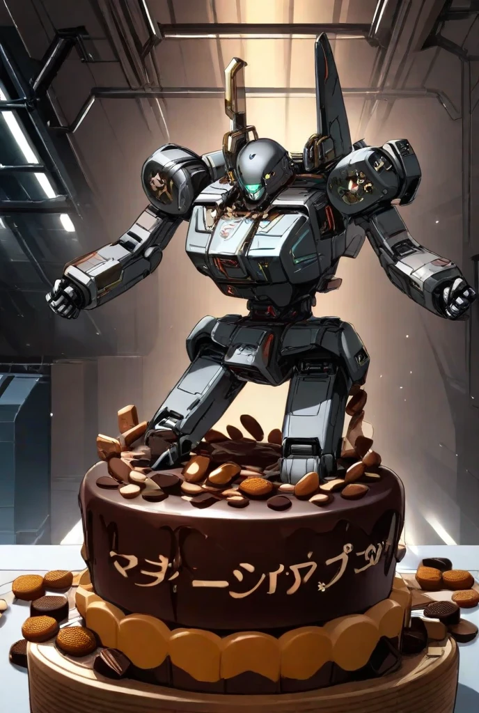 "Cake, anime character, silver hair, gold eyes, futuristic suit, heroic pose, manga style."