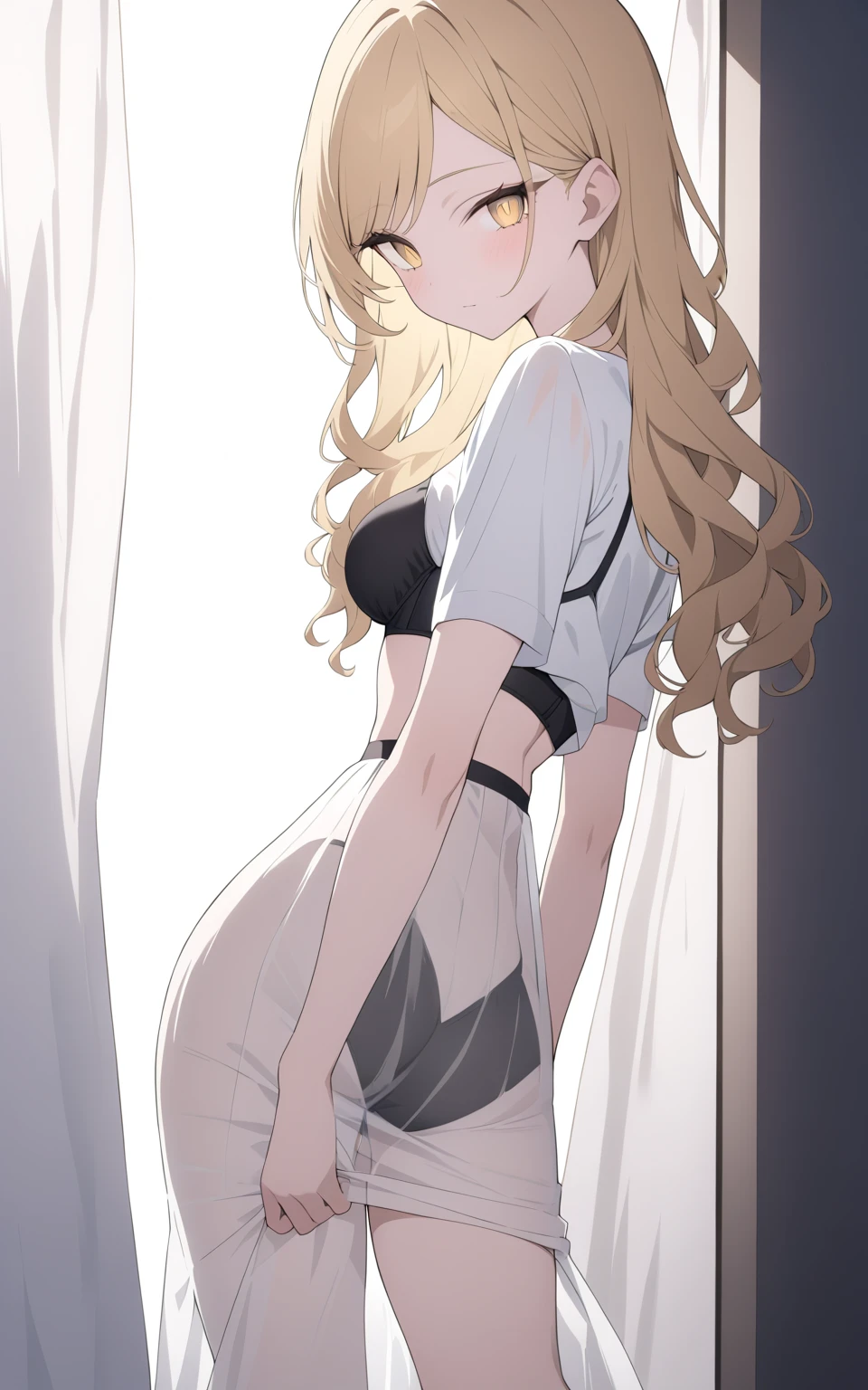 Masterpiece, highest quality, high resolution, 32K, RAW quality, detailed face, detailed eyes, detailed skin, 17 years old, perfect body, tanga and bra, looking cute, cute pose, Beautiful girl, light blonde long hair, seductive smile, in the bedroom, legs apart, cameltoe, dynamic pose, full body photo, sitting on the bed pron