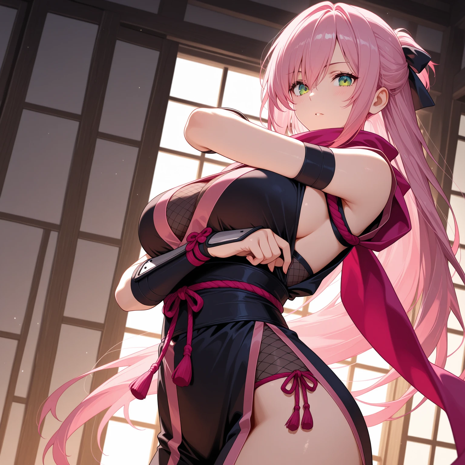 4K,High resolution,one woman,pink hair,short ponytail,green eyes,big breasts,ninja,ninjaの服,side boob,Japanese sword,Japan castle town