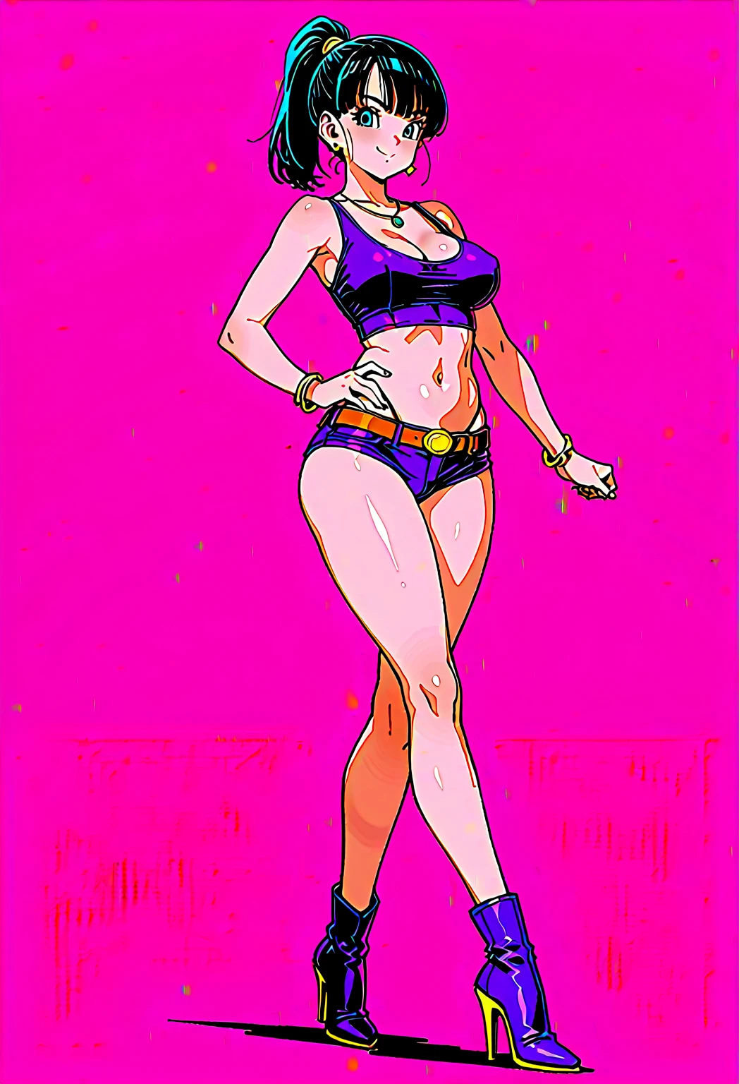 Masterpiece, best quality, Masterpiece, best quality, 1 woman  , blue eyes , yellow ponytail , Pink Chest Island , sly face , smile ,  Jeans shorts , abdomen, big breasts , Long legs , pink high heels , hands on hips , tall building , building