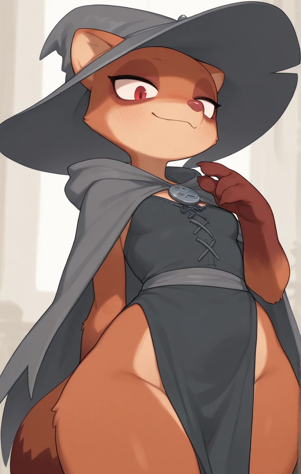 plague doctor, 1boy, solo, hood, mask, gloves, faceless, plague doctor mask, bandage, tabard, medieval, arms at sides, wide hips, exposed side thigh, embarrassed, heavy blush, blushing, thick thighs, exposed lower body, covering body with arms, ripped clothes, facing viewer, tears, surprised, shocked, shaking, shaking effect, surprised effect, line blush, text, sweating, huge balls, massive cock