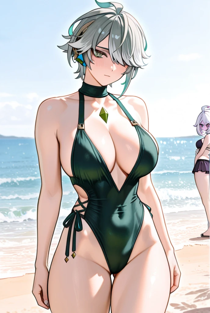 A young silver haired woman with green eyes with an hourglass figure in a gothic one piece swimsuit is smiling and blushing at the beach