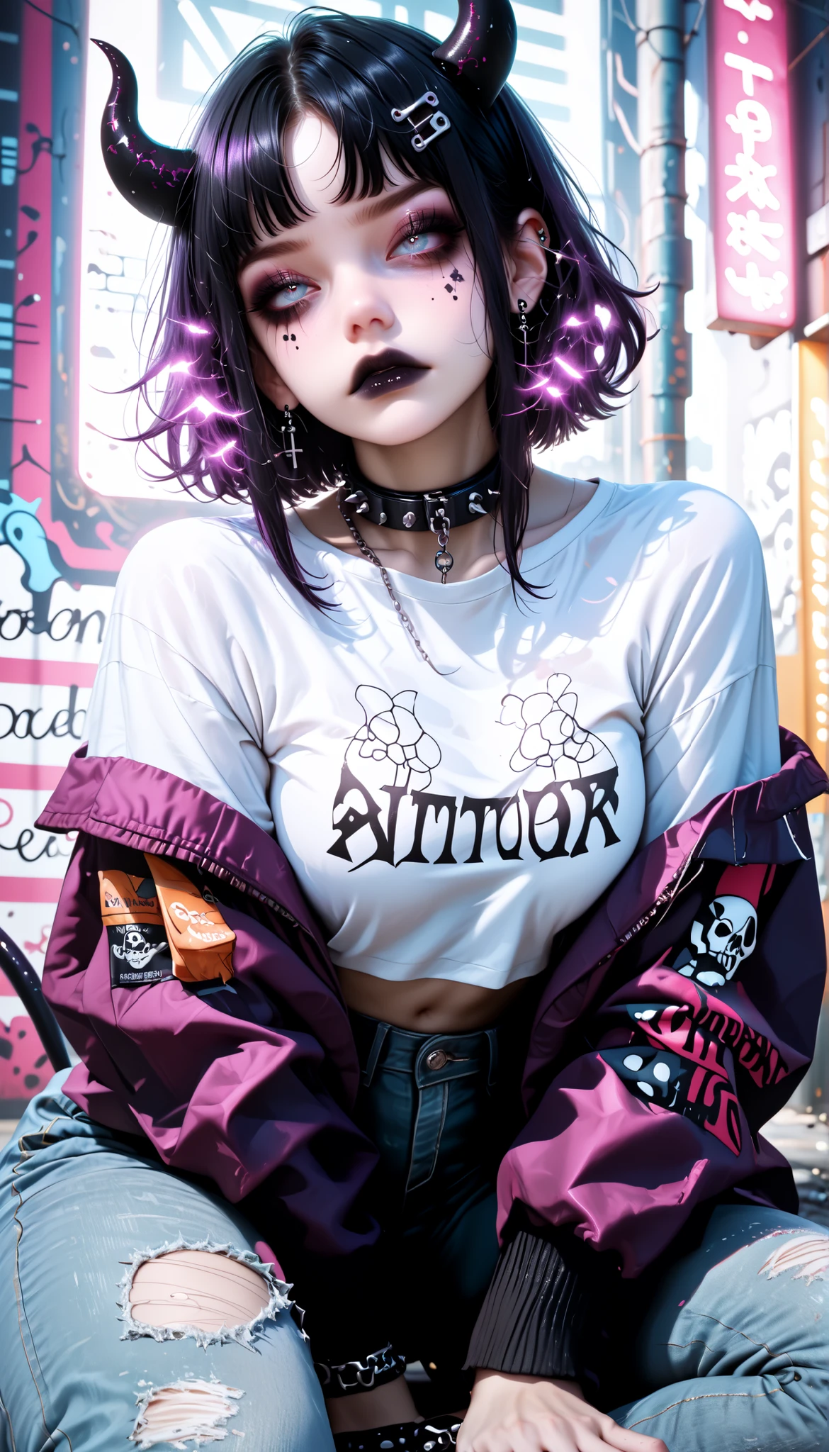 (High Quality CT, 4k, High Resolution, Main Piece: 1.2), (Highly Detailed, Glowing Hair: 1.37, Best Quality, Masterpiece, High Resolution, On Body), (, Photorealistic, low Lighting, Two-Color neon Lighting), (HD Skin: 1.2), (8k UHD, DSLR Quality, High Quality, night neon Ambient Lighting, Spontaneous, 8k, 4k, 8k). back pose, lying pose, The tired, skinny girl belongs to the emo/gothic subculture. She has obsidian black hair with white highlighted strands, she has a wolf haircut and long bangs that hide half of her face. She has many metal hairpins, barrette, hair clips in her bangs. Her eyes are purple. She has black gothic makeup: black lipstick, black eyeliner and dripping mascara, black eyeshadow. She has many piercings and tattoos. On her neck she wears a spiked collar. She's wearing a worn gray skull-print T-shirt with a plunging neckline, , a bomber jacket with a collection of safety pins and badges, baggy jeans with holes ripped at the knees, and gray sneakers. Her palms are bandaged. Two obsidian-black devil horns hang from her forehead, and a spiky devil tail hangs down her back. She's hiding in an alley with graffiti-covered walls and a winding passageway surrounded by a chain-link fence. In the background, a foggy, abandoned city can be seen, at night, low light, middle body, neon light at night, deep blue light