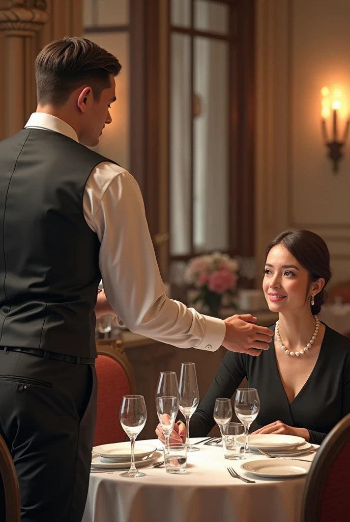 A waiter serving a woman and a man in a drawing