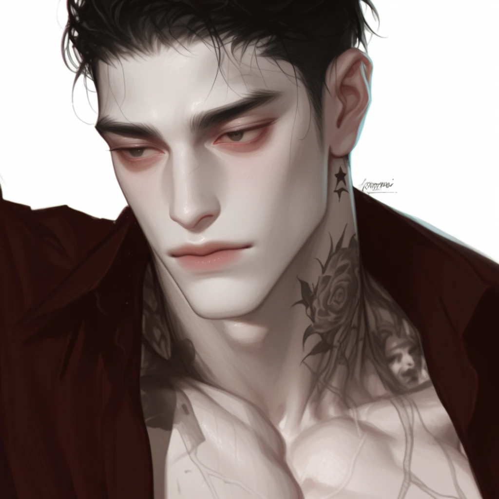 there is a man with tattoos on his chest evil devious male, skinny male second life avatar, imvu,vampire 🦇