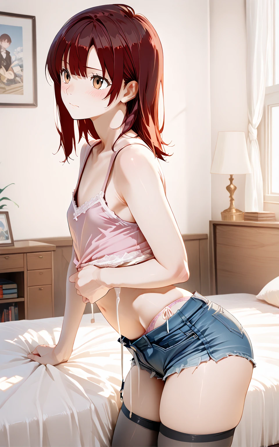 Absurd, ((masterpiece)), ((Highest quality)), (((Cowboy Shot))), (anime:1.4), (Super Detail:1.2), (High resolution:1.3), (Professional photography:1.3), (❤️🖤💗💔), 1 girl, 10 yeay Hair, (Loose bangs),break, (((Red hair))), Stylish hairstyle, break, ((Bunny ears)), , break, Black colored eyes, ((Almond Eyes)), (Long eyelashes), smile、Close your eyes、Panties with white ribbons panties and bra、 Bare arms, , Kneel, blush, city, Bedroom, window, Curtain Information Back view、Buckshot、Shooting from behind