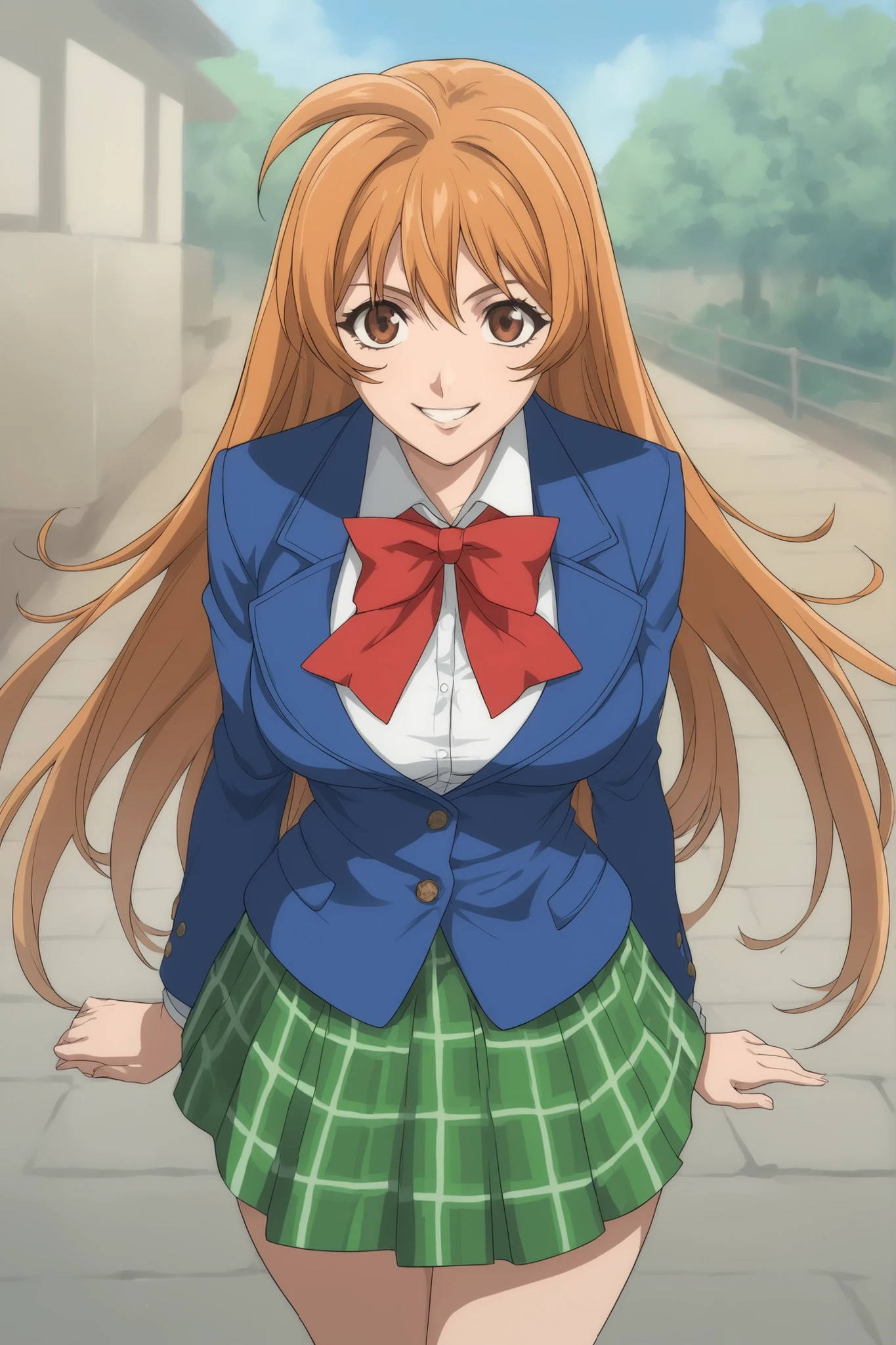 best quality,masterpiece,looking at viewer,absurdres,1girl,score_9,score_8_up,score_7_up,source_anime BREAK natsume aya,orange hair,long hair,brown eyes,ahoge,breasts,white ,skirt,bow,plaid,large breasts,jacket, plaid, green plaid skirt, blue blazer, evil smile, flex arm