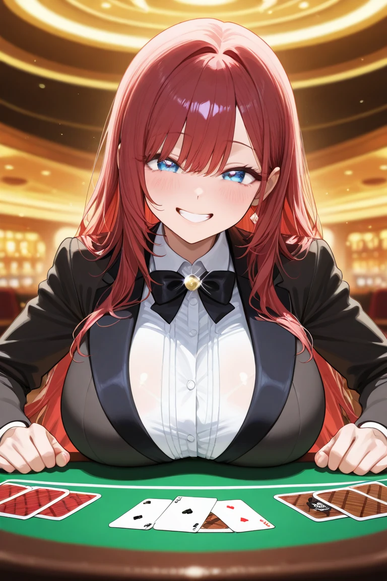 A dimly lit casino, shrouded in smoke and mirrors, serves as the backdrop for a high-stakes game of survival. MILFs with wicked grins, dressed to seduce, welcome debtors with cruel eyes. Heavily indebted individuals, desperate for a turnaround, place their last bets as dealers and hostesses exude a sultry aura. The air is thick with tension as lives hang in the balance, and the beautiful demons lure players into making reckless choices. In this hellish utopia, money and lives are gambled away, and the only reward is destruction., nsfw, Characters focus, fisheye lens, Close-up