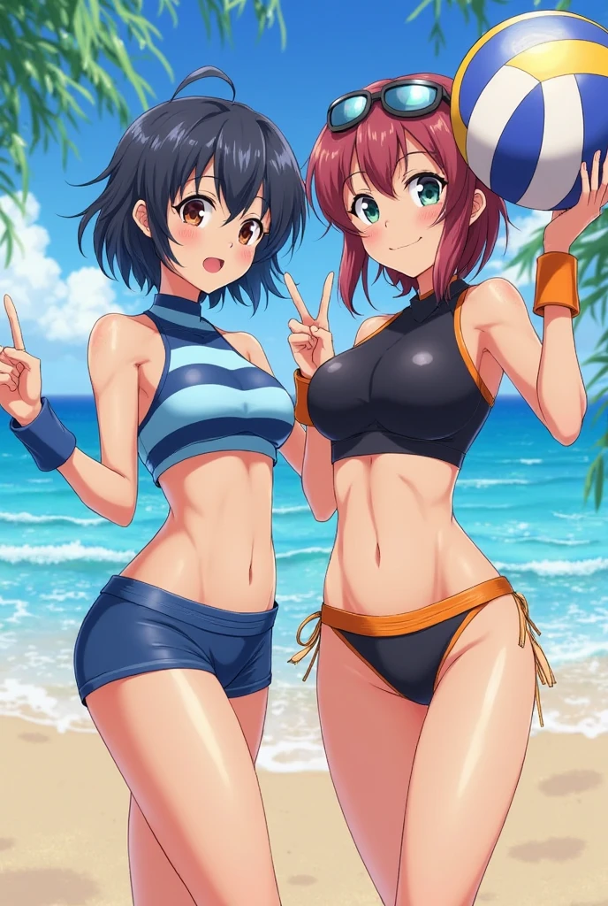 masterpiece, best quality, ultra-detailed,(((16years old))), blue eyes, black hair, short hair, blue hair ribbon, blue headband,large boob, ((tight brilliant shiny competition swimsuit:1.2, plunking neckline, plunking navel, cleavage)), (1boy and 1girl), girl's arms up, (grabbing breasts from behind:1.5)、(arms up:1.5)、(embarrassed)、,nude