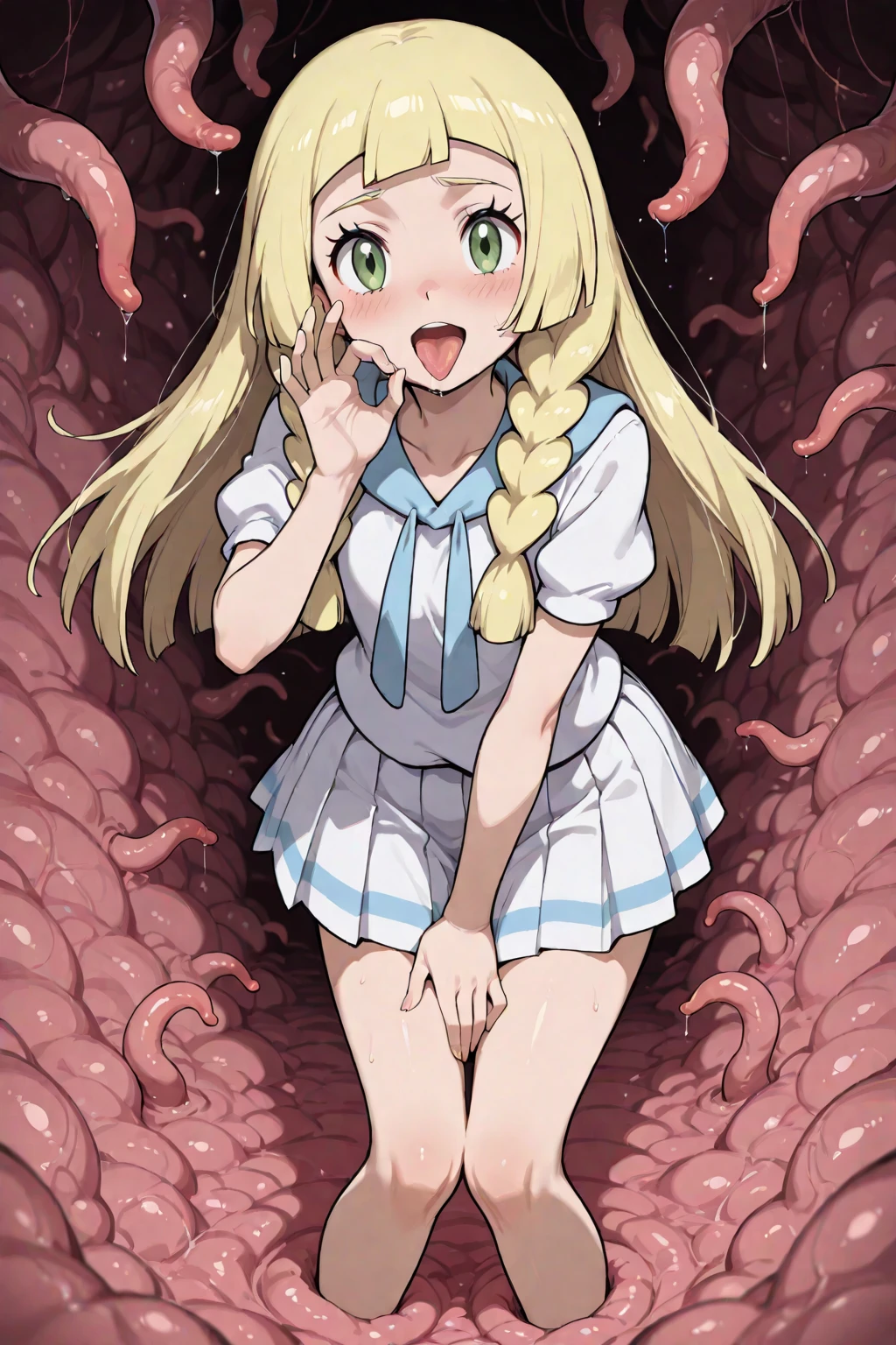 masterpiece, highest quality, ((衣服をtentacleが引っ張る, wind lift, Skirt pulling)), masterpiece, highest quality, (Highly detailed CG Unity 8K wallpaper) (highest quality), (best illustrations), (best shadow)、blonde、red hair ribbon、(:1.1),、himenoa, primary school student、blue uniform、blue long skirt、Children's white underwear、embarrassed face、Super detailed、 Hentai Sex Poses, tentacleセックス, 膣にtentacleが挿入される、Creampie、overflowing semen、A clear cross-section of the vagina、suspension, sex from behind,tentacle, cum pool, small breasts, spread your legs, crying face,