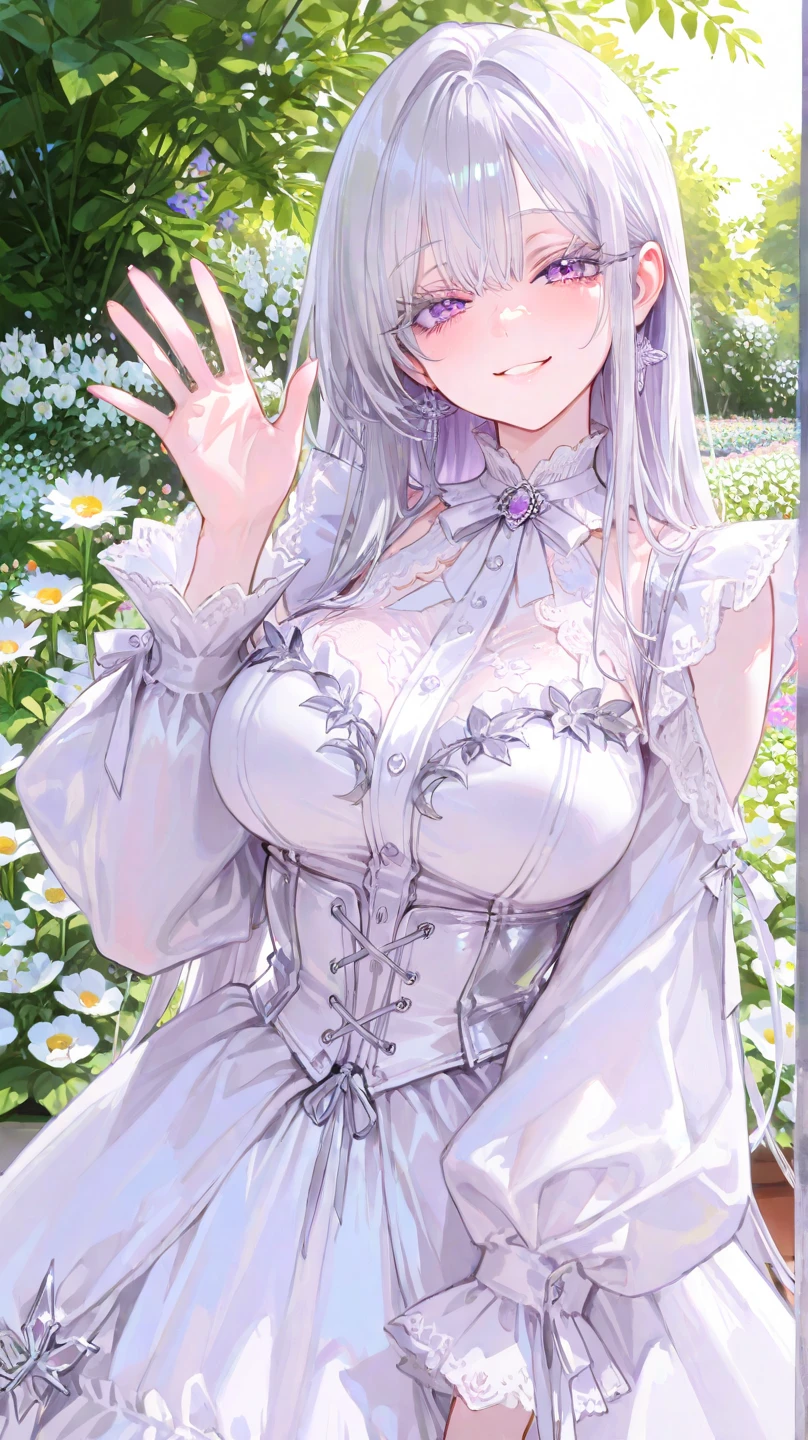 A white haired woman with green eyes and white wolf ears with an hourglass figure is holding a green rose in a garden