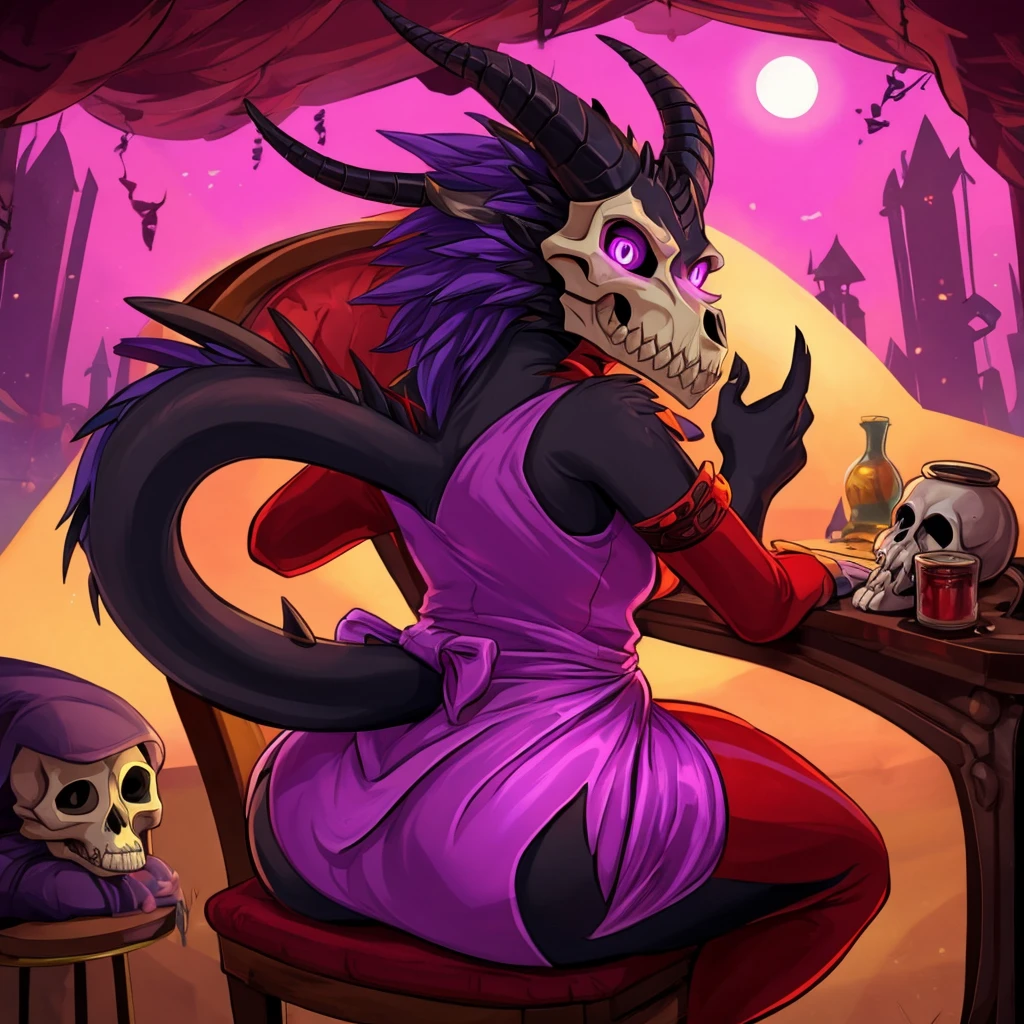 Pamela Melkor Macin, to slacken, soft cheekbones, thick lips, deep violet skin color , deep purple skin , big butt, big breast, horns, cola, clothing with skull bone decorations, Quipao, Scales, Spiked bracelets on the arms, warhammer, wh40k, hedonist, score_9, score_8_above, score_7