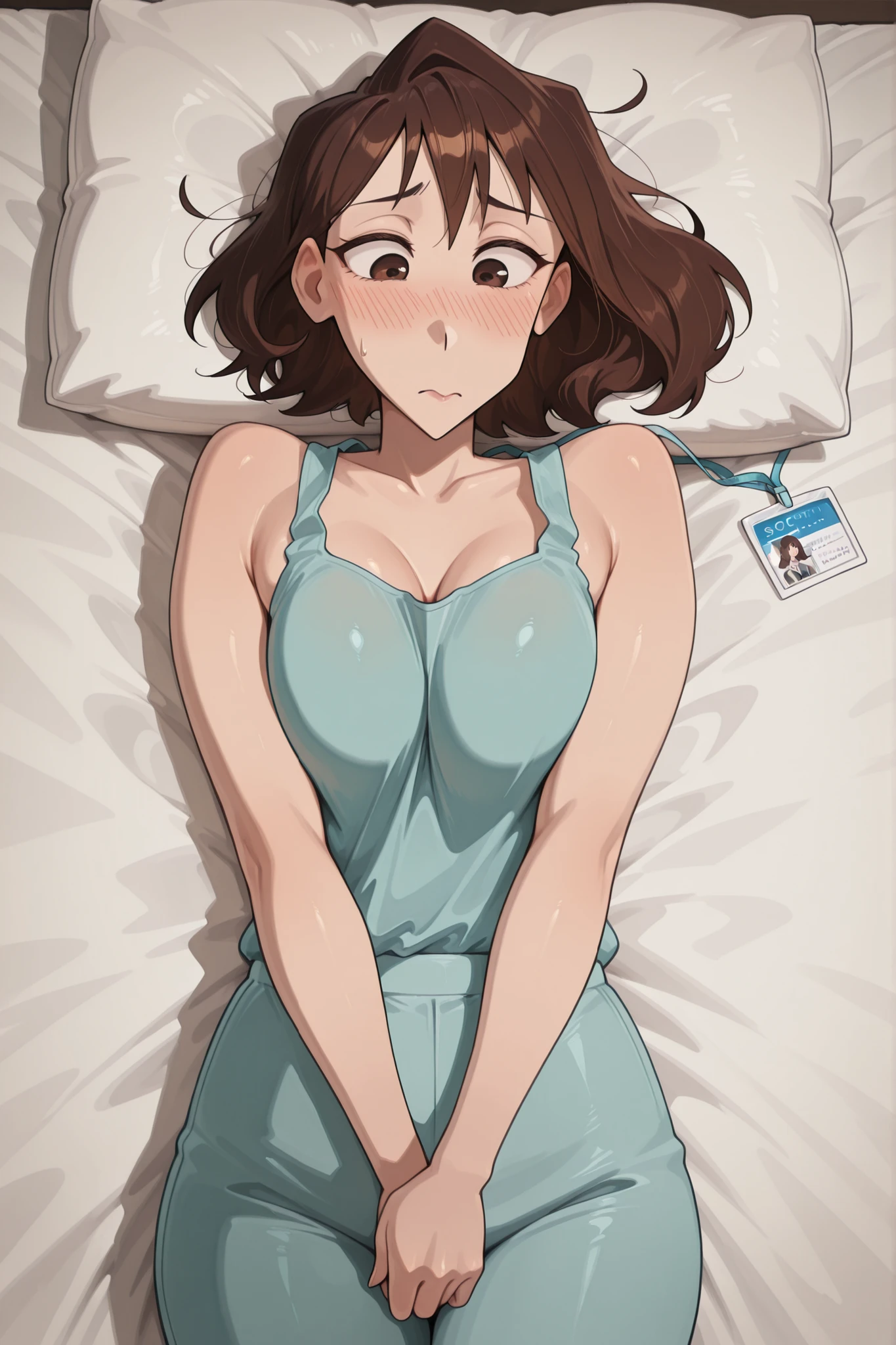 Score_9, Score_8_up, Score_7_up, Score_6_up, Score_5_up, Score_4_up, Source_anime, Tag1, Tag2, Best quality, High quality, Detailed, High resolution, 8k, Ultra high res, Soft saturation, Professional quality, Perfect contrast, Perfect litthing, Anatomically correct, Sensual woman, mature female, milf, motherly, Embarrassed, shy, seductive BREAK high-angle view, lying, fully clothed, small breast, (dark brown eyes, dark brown hair)