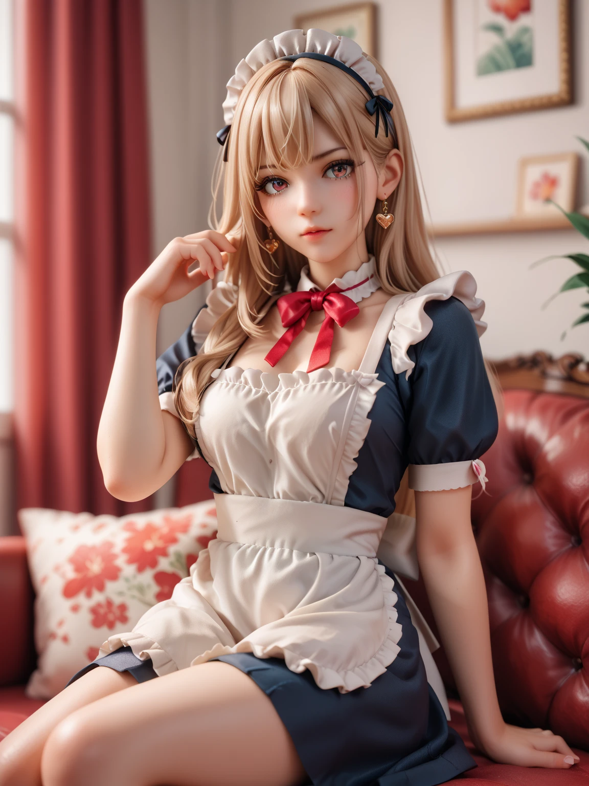 Woman with ,golden curly hair,Blue eyes,white fox ears,,dressed as a maid