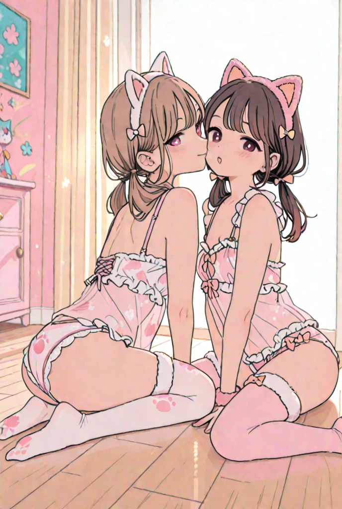 Licking a banana,from front,front view,looking at viewer, looking ahead,from above,cowboy shot,2girl,twins,Beautiful girl at 10 years old,Japanese,Slender,,low length,Small breasts,Thin legs,Small Ass,Baby Face,Small face,Black Hair,Gray Eyes,Drooping eyes,Round eyes,Short Twin Tails,middle School girls,Sheer black and pink negligee,lingerie,Collar with leash,Bunny ears,open mouth,tongue out,front face,Kneeling,Straight Stand,Beautiful and detailed anime art,I'm in love,Desire expression,crave,Sexy vibe,cum on tongue,Dimly lit room,On the bed,Simple Background,Gray background,Low lighting,