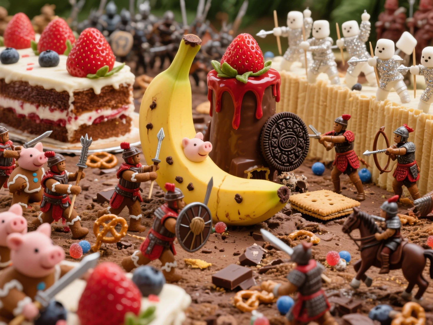 "สงครามเค้กStrawberry" "Masterpiece-class ultra-high-resolution photos, extreme resolution, เหมือนจริงขั้นสูง ฉาก ไดโอรามาสนามรบสุดพิสดารแต่ยิ่งใหญ่ บนภูมิประเทศของ เค้กStrawberryขนาดยักษ์ที่กำลังละลาย นี่คือ การต่อสู้ที่วุ่นวาย, Moves, Amazing Among a Variety of Miniature Soldiers, Each army has its own unique and unique weapon. The Piggy Blood Cookie Army: Brave Gingerbread Soldiers Wearing Magical Red Icing Brown Armor, ถือ หอกไม้จิ้มฟันปลายเมล็ดStrawberry และ โล่ช็อกโกแลตชิพ พวกเขากำลังป้องกันฐานจากเค้กแตก, Strawberry, } and the Wafer Wall, an army of vanilla marshmallows: Hard-Wearing Marshmallow Soldiers Armor White Chocolate Glitter, elite dark chocolate forces armed with pretzel swords and shoot tiny blueberry bombs.: Shining Caramel Soldiers Riding Strong Cracker Horses, Use licorice whips and throw gummy drop bullets.: elegant chocolate soldiers wearing liquid chocolate armor, holding a broom tower and a crushed Oreo shield, soldiers. Garnish: , dexterous sugar-coated gummy bear archers, Shoot tiny silver sugar pellet arrows from licorice bows, is supported by a high area of the cake layer. The Cake Battlefield shows fierce battles: trench in the cake texture, Explosions of icing sugar resembling fluffy clouds, traces of multicolored sugar flakes, และ แม่น้ำน้ำStrawberryที่ละลาย ส่องประกาย มุมมองเป็น ภาพมาโครระยะใกล้ที่น่าทึ่ง, , making the miniature soldiers and the cake surface look big, realistic, bright, dynamic and colorful, caramel  cavalry creates shadows and highlights emphasizing the intensity of the fight. The mood is mixed. Merging fantasy, Action, Humor , a little absurdity, , emphasizing the great scale of the fight inside the . The images must have excellent quality and artistic ability, capture intricate details, miniature soldier face colors, surfaces, armor and weapons. A captivating and imaginative interpretation, perfect for an advanced realistic