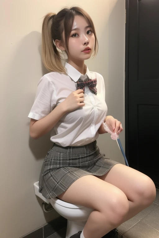 wearing short skirt、Alafid asian woman wearing bow tie sitting on train, cute schoolgirl, japanese schoolgirl, wearing japanese school uniform, japanese school uniform, a hyperactual schoolgirl, Dress up as a schoolgirl, hyperactual , Wearing school uniform, actual , girl wearing, Wearing school uniform, A pose, whole body, good skin, glowing skin, beautiful thighs,glowing thighs, Glowing legs, (best quality, 8k, high resolution, lifelike:2.0), (alone, a girl:2.0),(light: front),(light: strong),(ultimate beautiful girl:2.0),(very muscular girl:1.5),(shiny skin:1.5),(oily skin:1.5),(platinum blonde:1.5),blush brown makeup , (big eyes girl:1.5),(Emphasize cleavage),((big breasts)),(Slobber),(Fully open your thighs to the audience:1.6),((Astonishing)),((Lie on your back on a clean bed,lean on a big pillow.)),(spread your legs to:1.5),(Open your thighs boldly:1.5),(Spread your legs boldly:1.5),(ordered to spread legs:1.5),(Providing sexual services to viewers:1.2),(Have a good attitude towards the audience)