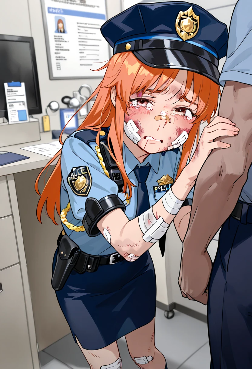 1woman, cleavage, in a factory, bein restrained by machine, ballgag in mouth, medium breasts, wide hips, big ass, Bulma, angry, exposed breasts, NSFW, standing, torn clothes, being groped by old man, sweating, blushing, ponytail