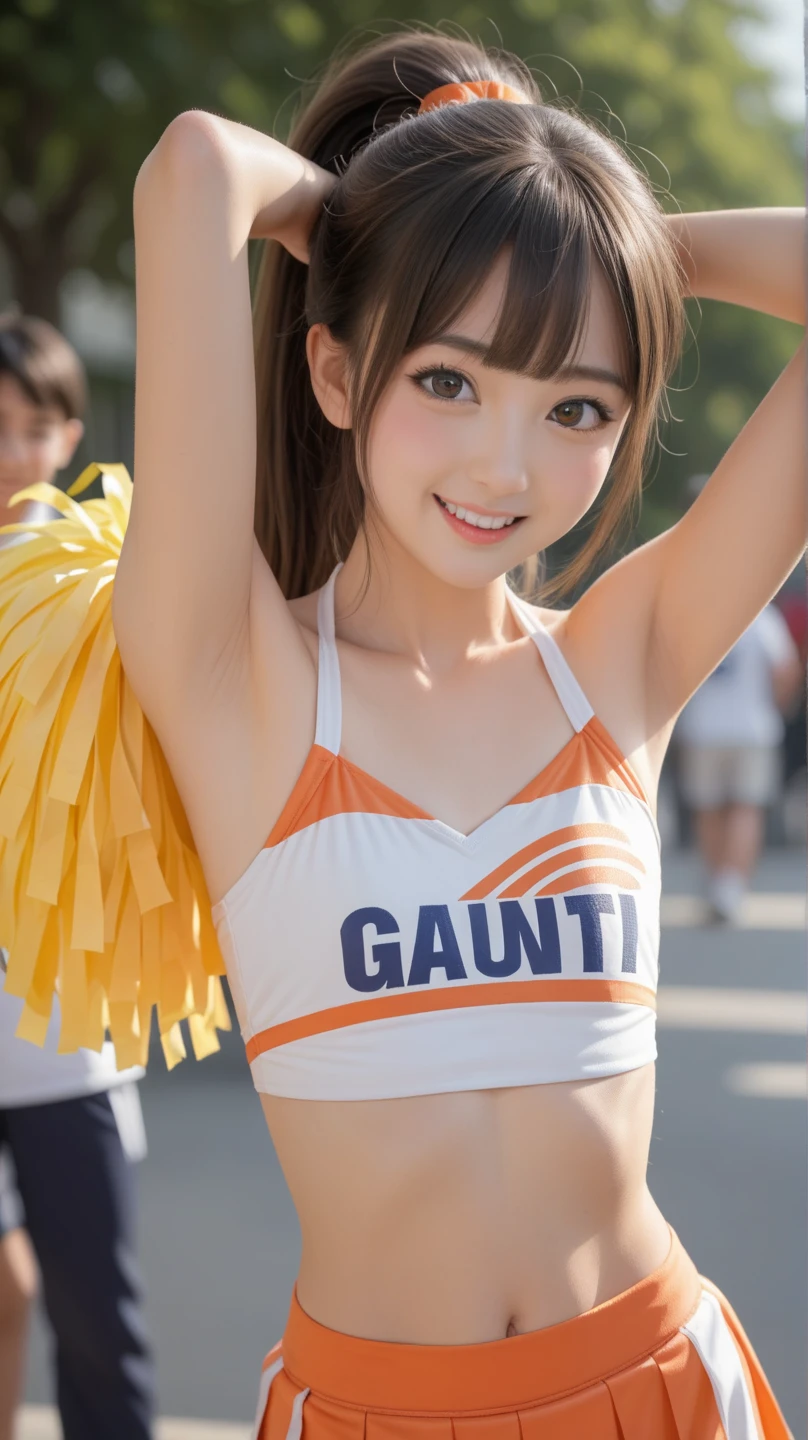(((Draw only one woman:2)))、((Cheerleaders dancing at the basketball venue:1.5))、((She wears an elaborately designed cheerleader costume.:1.8))、beautiful 16 year old woman、((1 screen))、8K、RAW shot、highest quality photos、masterpiece、nice realistic pictures、(( anatomically correct proportions : 1.5))、((perfect proportions))、((A cute woman who looks like a beautiful Japanese idol))、((small head))、detailed face、detailed eyes、narrow nose、(detailed fingers: 1.2)、detailed arms、detailed skin、detailed legs、(slim style)、((thin waist))、(Medium udder)、(Cheerleader costume with elaborate tank top design:1.5)、(sweaty body:1.2)、(sweaty hair:1.2)、(Cheerleader costume with bold design that shines when wet:1.3)、((Holding pom-poms in both hands:1.5))、(dance happily)