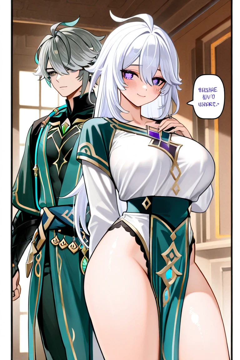 ((2 queen woman, ((1 woman with penis, erect penis)),((with a cloak on her back,with crown))),((giant breasts, bare breasts, erect breasts,grasping breastsbreast press,2 women kissing each other,)),((white hair)),((brown eyes, desperate face)),((sitting on a golden throne,sitting on her back, right leg over left leg)),((in an evil castle haunted, at night)),((1 arm behind the back)),