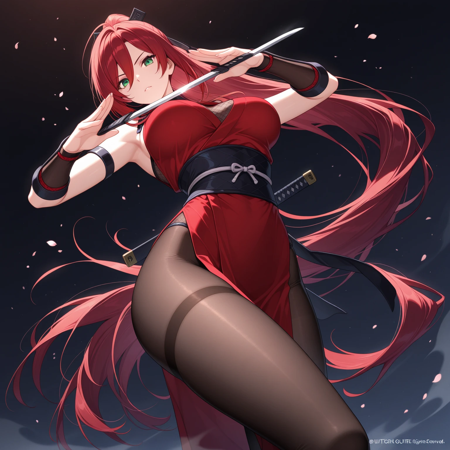 slender, mature female, weapon, sword, 1girl, rating:safe, petals, long_hair, breasts, gloves, red_eyes, very_long_hair, cleavage, bare_shoulders, navel, high_ponytail, ponytail, choker, large_breasts,thighhighs, solo, bikini, swimsuit, collarbone, holding, sidelocks, holding_sword, looking_at_viewer, red_hair, bangs, hair_between_eyes, black_bikini, black_gloves, holding_weapon, black_legwear, halterneck, floating_hair, thighs, closed_mouth, sheath, stomach, armband, eyebrows_visible_through_hair, ass_visible_through_thighs, falling_petals, smile, standing, criss-cross_halter, belt, night, black_choker, gradient