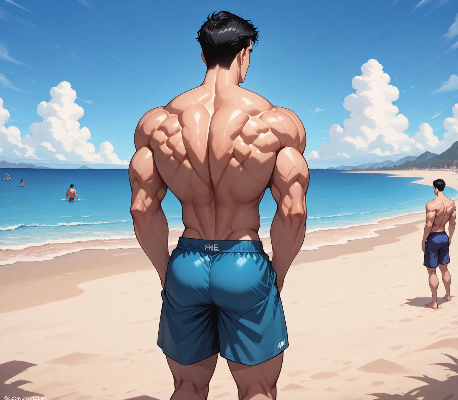 Boys 19-22 years old play beach volleyball against a blue sky. Athletic figure, Muscular, with perfect round soft buttocks, with large protruding genitals orange slips in the style of Caravaggio, watercolor