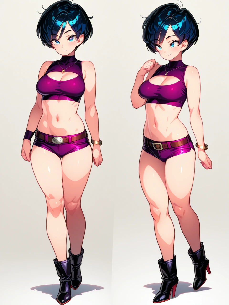 masterpiece, best quality, highly detailed, 8k, (pure grey background:1.2), anime, (2D:1.1), (1girl:1.2), 30-year-old queen, (athletic body:1.2), abs, (muscular:1.2), beautiful face, shining eyes, long legs, pink short hair, big breasts, wearing pink stockings, wearing pink long boots with high heels, slender waist, tight butts, cool, opening mouth, korean idol, (full-body image:1.2), (showing off her body:1.2)
