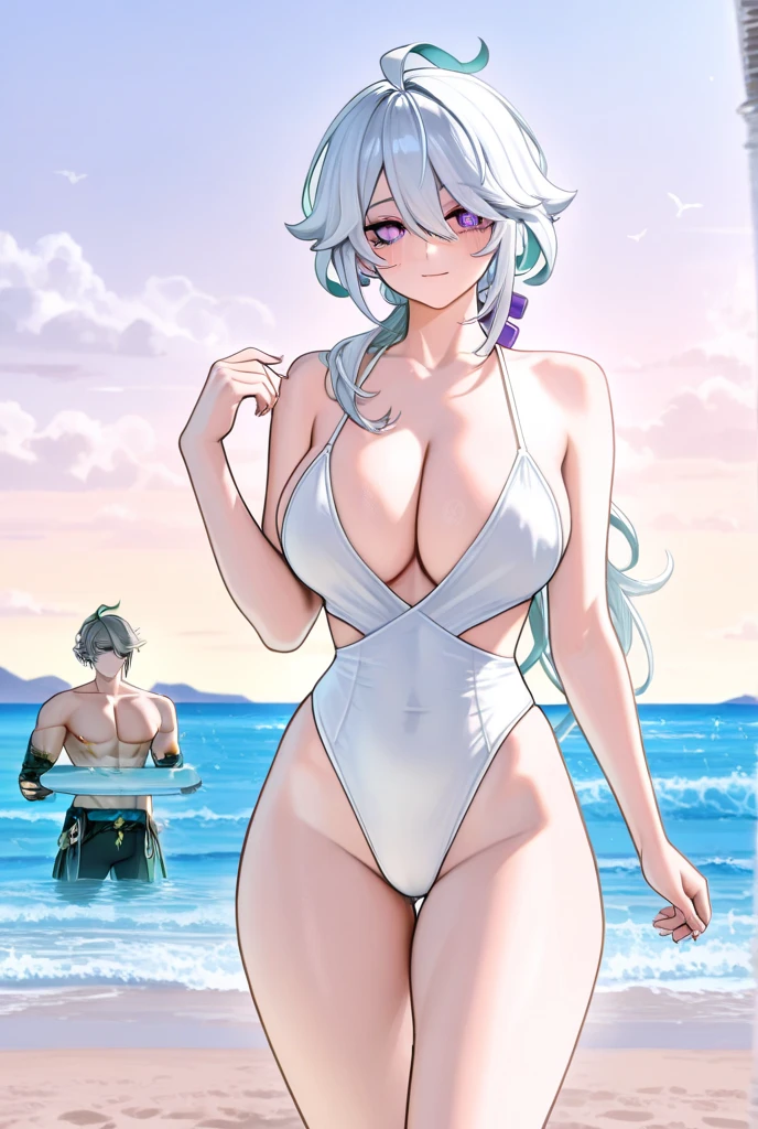 (((JJKstyle))), girl,Jujutsu Kaisen, long hair, white hair, hair over one eye,purple eyes, bikini 🌆🌌♥️💒✨💦🌃🍑👙🦵🛏️😏🥵🍖🍼💦 hair over one eye