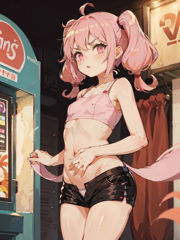 (8K、Highest image quality、highest quality、masterpiece)、detailed face、((1 baby girl))、mesugaki、blue green髪、long hair hair、twintails、blunt bangs、blue green目、evil smile、((grin))、steam、((small breasts))、((white camisole))、((denim short shorts))、standing footjob、POV、((1boy))、((penis))、Gym storeroom、((nsfw))