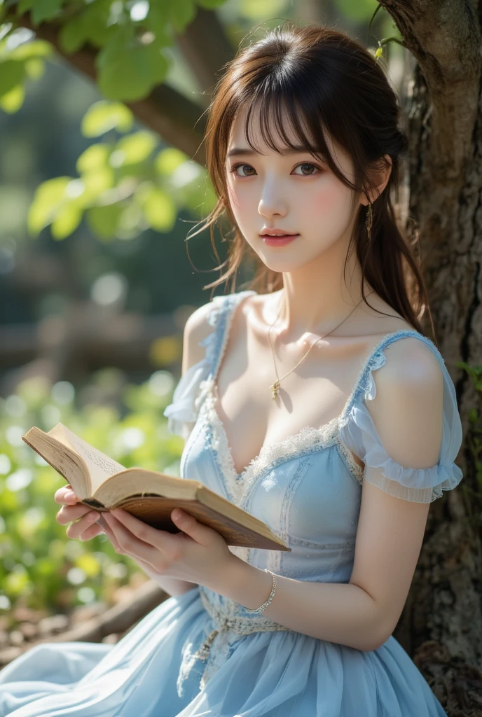 18 year old young beautiful girl，plump figure，huge，H cup，Very big，purple bra，Full forehead，Small eyes, double eyelids，red phoenix eye，Liu Yemei，oval face，thick lips，high nose，ponytail，White skin and beautiful appearance，Reading in the forest，sunset，enjoying the sunshine，charming smile，Facing the camera，Cinematic quality，photography，