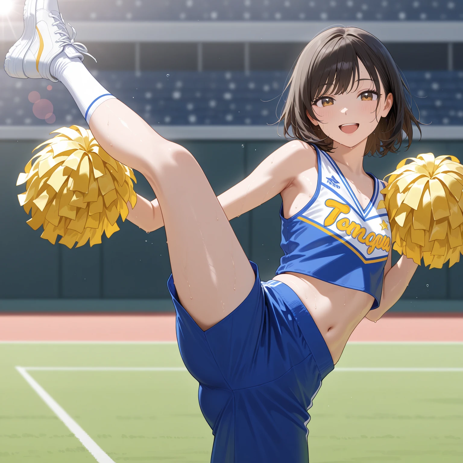 (super flat, flat shading), Honors Type, Really blushing, 17 years old, (cheerleading Match:1.5), 3girls, wearing white (high-cut thong bikini swimwear:1.5), wedgie:1.5, cameltoe:1.7, sports shoes, ponytail brown hair, sweaty healthy body, soaking wet full body with lotion and sweaty, bare legs, navel, ultra realistic, breeze, in crowded public room, (from below:1.5)