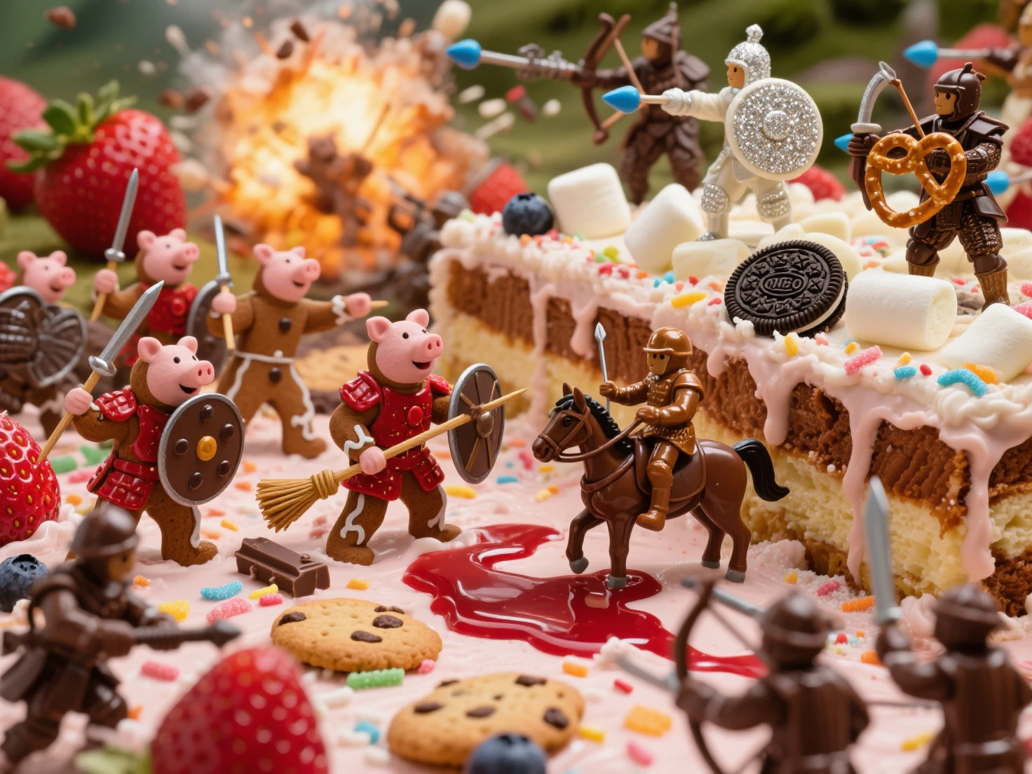 "สงครามเค้กStrawberry" "Masterpiece-class ultra-high-resolution photos, extreme resolution, เหมือนจริงขั้นสูง ฉาก ไดโอรามาสนามรบสุดพิสดารแต่ยิ่งใหญ่ บนภูมิประเทศของ เค้กStrawberryขนาดยักษ์ที่กำลังละลาย นี่คือ การต่อสู้ที่วุ่นวาย, Moves, Amazing Among a Variety of Miniature Soldiers, Each army has its own unique and unique weapon. The Piggy Blood Cookie Army: Brave Gingerbread Soldiers Wearing Magical Red Icing Brown Armor, ถือ หอกไม้จิ้มฟันปลายเมล็ดStrawberry และ โล่ช็อกโกแลตชิพ พวกเขากำลังป้องกันฐานจากเค้กแตก, Strawberry, } and the Wafer Wall, an army of vanilla marshmallows: Hard-Wearing Marshmallow Soldiers Armor White Chocolate Glitter, elite dark chocolate forces armed with pretzel swords and shoot tiny blueberry bombs.: Shining Caramel Soldiers Riding Strong Cracker Horses, Use licorice whips and throw gummy drop bullets.: elegant chocolate soldiers wearing liquid chocolate armor, holding a broom tower and a crushed Oreo shield, soldiers. Garnish: , dexterous sugar-coated gummy bear archers, Shoot tiny silver sugar pellet arrows from licorice bows, is supported by a high area of the cake layer. The Cake Battlefield shows fierce battles: trench in the cake texture, Explosions of icing sugar resembling fluffy clouds, traces of multicolored sugar flakes, และ แม่น้ำน้ำStrawberryที่ละลาย ส่องประกาย มุมมองเป็น ภาพมาโครระยะใกล้ที่น่าทึ่ง, , making the miniature soldiers and the cake surface look big, realistic, bright, dynamic and colorful, caramel  cavalry creates shadows and highlights emphasizing the intensity of the fight. The mood is mixed. Merging fantasy, Action, Humor , a little absurdity, , emphasizing the great scale of the fight inside the . The images must have excellent quality and artistic ability, capture intricate details, miniature soldier face colors, surfaces, armor and weapons. A captivating and imaginative interpretation, perfect for an advanced realistic