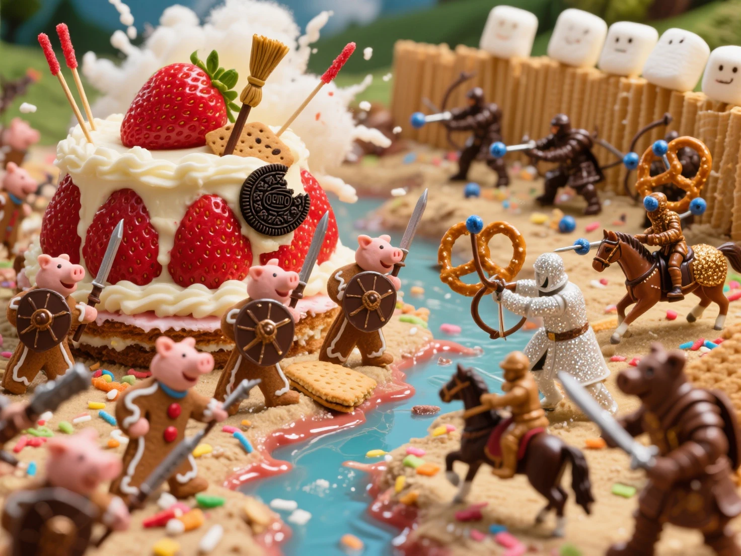 "สงครามเค้กStrawberry" "Masterpiece-class ultra-high-resolution photos, extreme resolution, เหมือนจริงขั้นสูง ฉาก ไดโอรามาสนามรบสุดพิสดารแต่ยิ่งใหญ่ บนภูมิประเทศของ เค้กStrawberryขนาดยักษ์ที่กำลังละลาย นี่คือ การต่อสู้ที่วุ่นวาย, Moves, Amazing Among a Variety of Miniature Soldiers, Each army has its own unique and unique weapon. The Piggy Blood Cookie Army: Brave Gingerbread Soldiers Wearing Magical Red Icing Brown Armor, ถือ หอกไม้จิ้มฟันปลายเมล็ดStrawberry และ โล่ช็อกโกแลตชิพ พวกเขากำลังป้องกันฐานจากเค้กแตก, Strawberry, } and the Wafer Wall, an army of vanilla marshmallows: Hard-Wearing Marshmallow Soldiers Armor White Chocolate Glitter, elite dark chocolate forces armed with pretzel swords and shoot tiny blueberry bombs.: Shining Caramel Soldiers Riding Strong Cracker Horses, Use licorice whips and throw gummy drop bullets.: elegant chocolate soldiers wearing liquid chocolate armor, holding a broom tower and a crushed Oreo shield, soldiers. Garnish: , dexterous sugar-coated gummy bear archers, Shoot tiny silver sugar pellet arrows from licorice bows, is supported by a high area of the cake layer. The Cake Battlefield shows fierce battles: trench in the cake texture, Explosions of icing sugar resembling fluffy clouds, traces of multicolored sugar flakes, และ แม่น้ำน้ำStrawberryที่ละลาย ส่องประกาย มุมมองเป็น ภาพมาโครระยะใกล้ที่น่าทึ่ง, , making the miniature soldiers and the cake surface look big, realistic, bright, dynamic and colorful, caramel  cavalry creates shadows and highlights emphasizing the intensity of the fight. The mood is mixed. Merging fantasy, Action, Humor , a little absurdity, , emphasizing the great scale of the fight inside the . The images must have excellent quality and artistic ability, capture intricate details, miniature soldier face colors, surfaces, armor and weapons. A captivating and imaginative interpretation, perfect for an advanced realistic