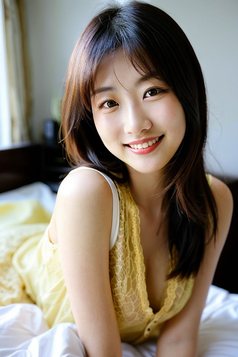 masterpiece,best quality,(Japanese ),((Beautiful girl)),cleavage,indoor,(perfect body beauty:1.2),(shy smile),beautiful teeth,