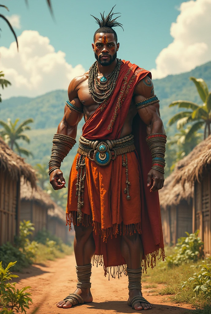 (africana,tribal warrior:1.2),(blackw,shaved head:1.05),(forst:0.9),(warrior:1.1),(intense gaze, piercing eyes:1.2),(muscled body,stark:1.1),(traditional tribal tattoos,tatuagens faciais:1.15),(traditional tribal costume:1.1),(missiles:0.9),(dappled sunlight:1.1),(mysterious atmosphere,ambient lighting:1.1),(highy detailed:1.2),(bright coloured:1.1), fully body