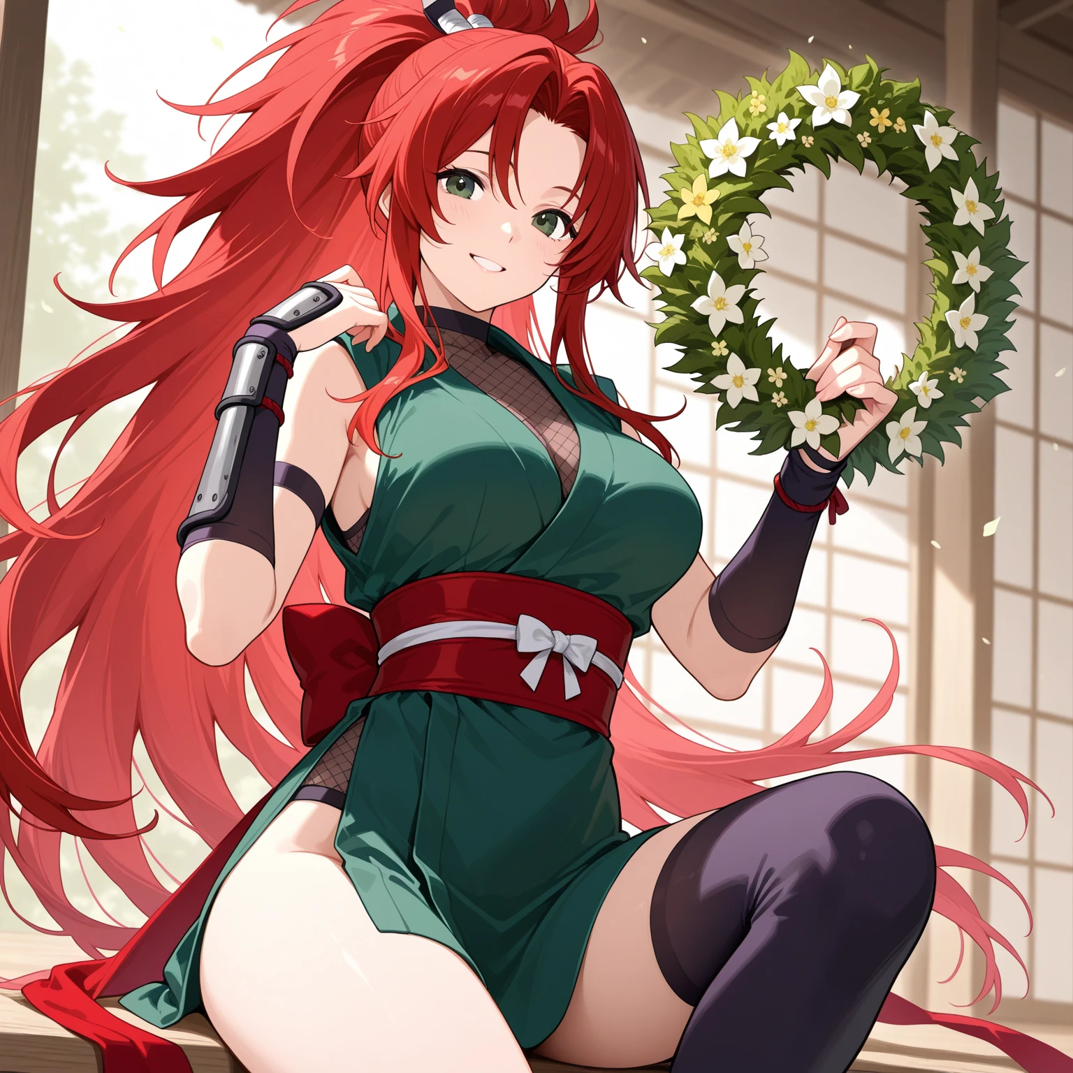 ((masterpiece, best quality, masterpiece)), ((ultra-detailed)), ((high resolution illustration)), ((an extremely delicate and beautiful)) ((1girl)), ((urushibara_shizuno, 1girl, green eyes, blunt bangs, red hair, long hair, hair ornament, medium breasts, skinny, narrow waist, wind, floating hair)), ray_tracing, (((beautiful detailed pond, partially submerged, cloudy sky, outdoors))), ((photorealistic)), ((cleavage, green dress)), (serious), ((from front)), (dynamic pose:1.2) <lora:shizunourushibarav0.5:0.4>