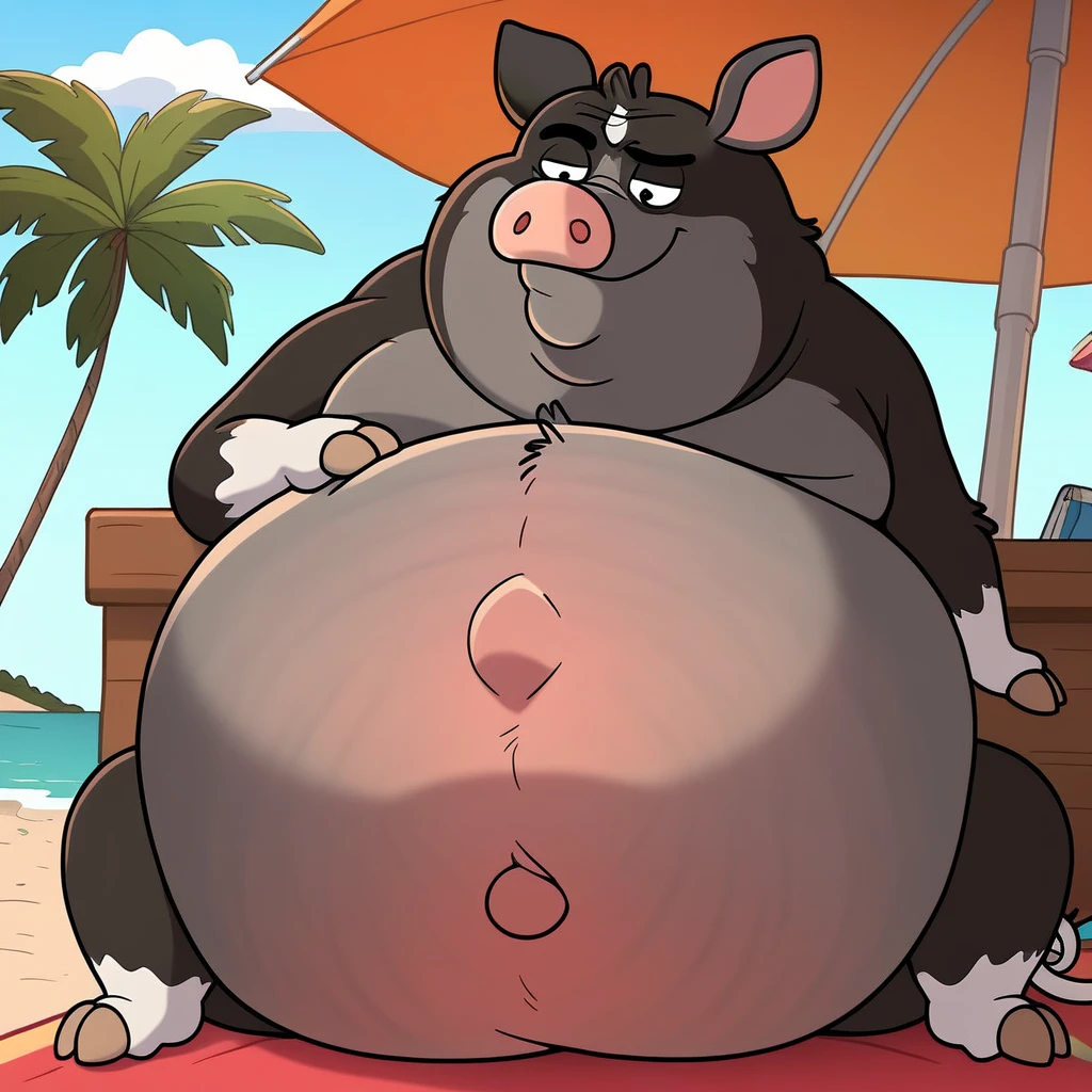 solo, canine, pitbull, three headed, masculine, laughing, cartoon eyes, holding beer, by dramamine, identical:1.9, obese, old, nighttime, porch background, shirtless, nipples, nude, erect penis, testicles, navel, sitting in recliner