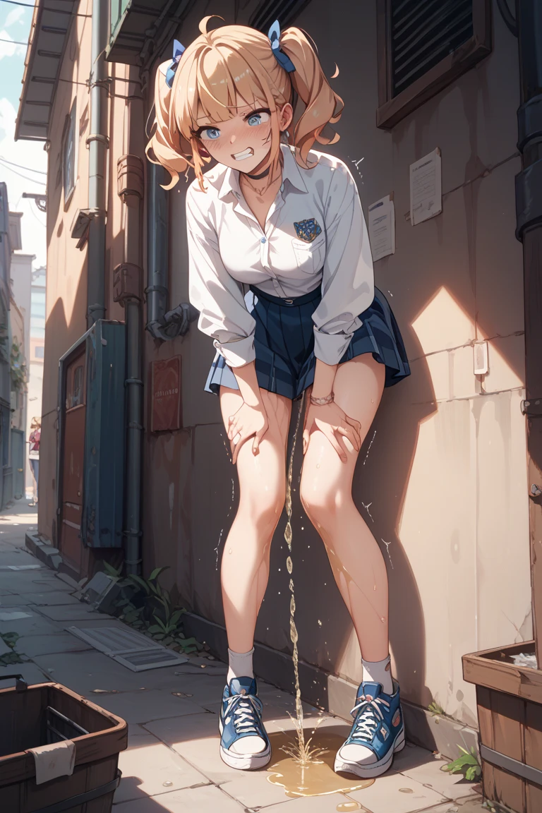 nsfw, (masterpiece, top quality, best quality, highly detailed:1.6), extremely detailed CG unity 8k wallpaper, strong facial expression,(sharp eye:1.2),(scowl:1.1), (embarrassed,blush:1.3), (steam:1.1), (wet, sweat), (trembling, parted lips:1.3), (harf open eyes:1.4), (feeling weak:1.5), colorful, 1girl in front of the women's toilet, Park, (Ponytail,Brown hair), Hot pants down to the knees, Pants in the process of being taken off, ((panty pull, Undressing panties, Undressing denim hot pants, blue hotpants)), full body, (girl trembling with sexual climax), urination, piss, peeing self, A lot of pee, having an accident, pee running down legs, standing, (((pee stream))), (pee puddle), pee stain, peeing, blush, trembling, embarrassed, Are crying, Yellow pee, ((leaking pee)), leaning forward, Shaking one's shoulders, Breaking a sweat on forehead, wetting self, puddle of pee, Pee at your feet, Pee spread on the floor, Pee stains, Dripping pee between my legs, Feet wet from pee, Pee-covered feet, Pee at your feet, want to pee, about to pee, Full bladder, Pee-soaked shoes, Pee-soaked ankle socks, The limit of holding in pee, A big pee, Pleasant pee, a big puddle of urine at my feet, can't stand it and urinate, can't stand peeing, Non-stop peeing, Unstoppable peeing, panty wet with pee, can't make it to the toilet in time and I pee, A pleasant feeling of urination after holding it in to the limit,