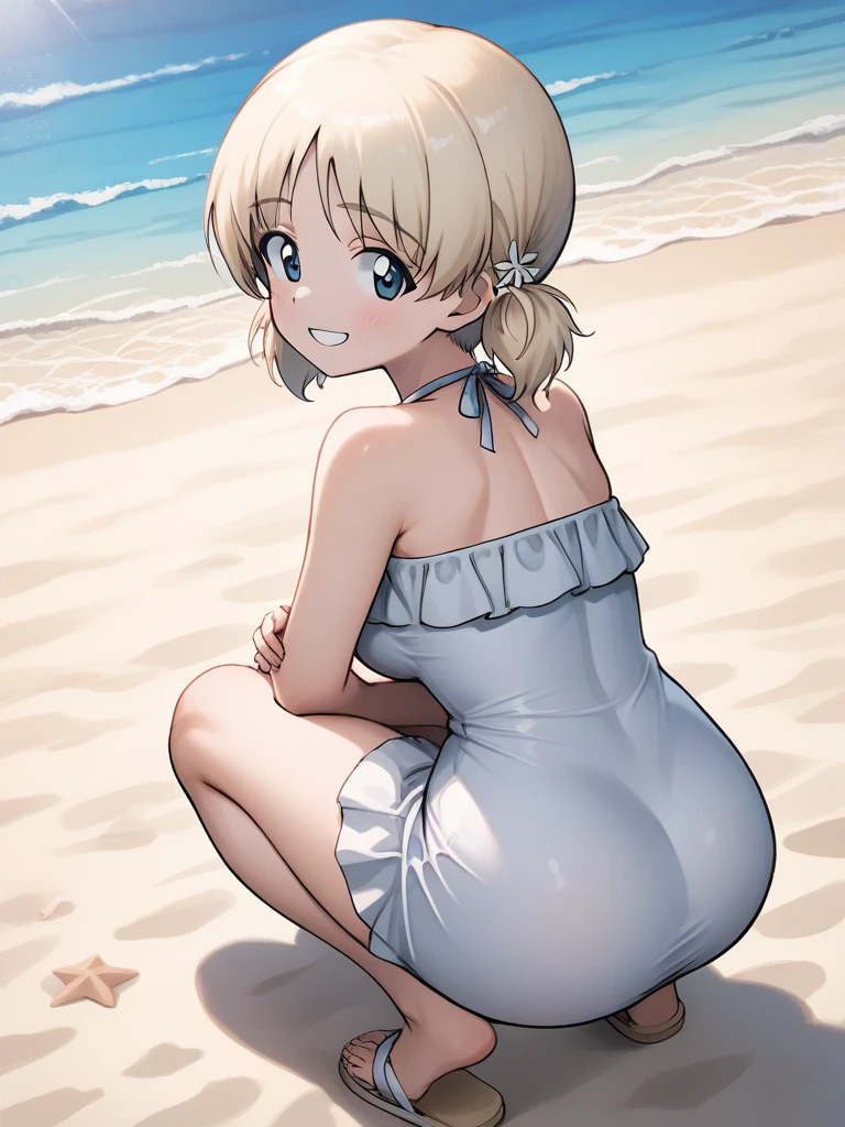 Beautiful illustration, best quality, cute girl, ((A beach as background)), ((From behind)), ((Standing)), pastel color, natural tones, ((Blonde hair)), ((Tanlines)), ((Cute girl)), ((Looking back at viewer)), ((Slender body)), ((One-piece swimsuit)), ((Grin)), (Blush), bright lighting, ((Big eyes)), ((Perfect hands))