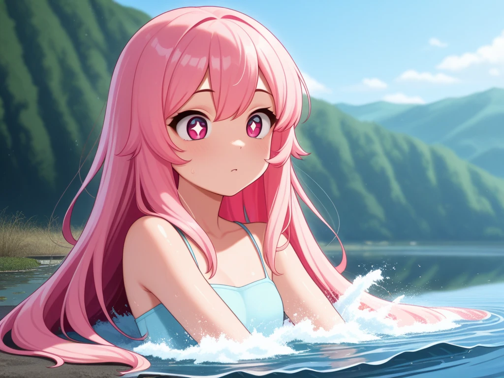 楽しそう、Full Body Shot、Semi-long hair、Pink Hair、Pale blue eyes、、Swimsuit、pool、Medium breast、、whole body、stick out your butt