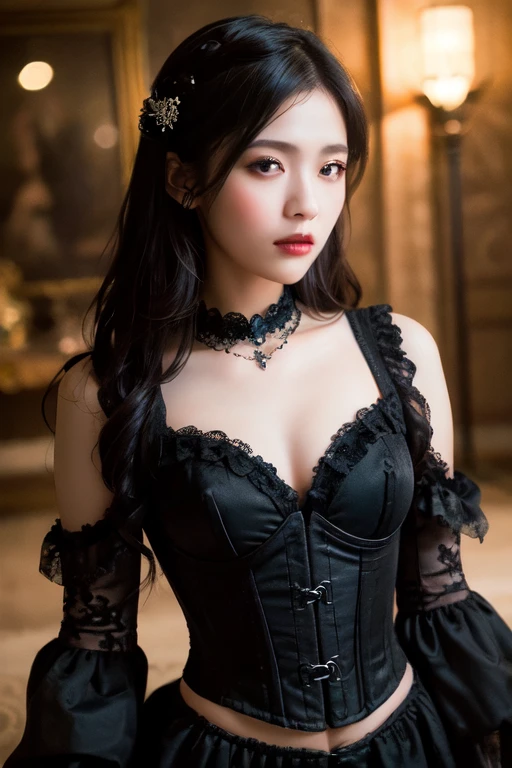 In the center of this image、There is a beautiful young woman with a calm and warm expression.。She has short, loosely curled brown hair.、Natural makeup with pink tones、Highlights delicate features。Her outfit is a gothic style dress.、Black lace choker with silver pendant、Off-the-shoulder black sleeves with lace detailing、Features a silver corset that cinches the waist。The corset has intricate lacing details、It contrasts beautifully with a voluminous black skirt embellished with lace and ruffles.。The background is blurred、It gives the image a dreamy and fantastical feel.。The setting is a luxurious, vintage-style room.、Soft lighting and large windows let in natural light、Highlights the model&#39;s features and outfit。