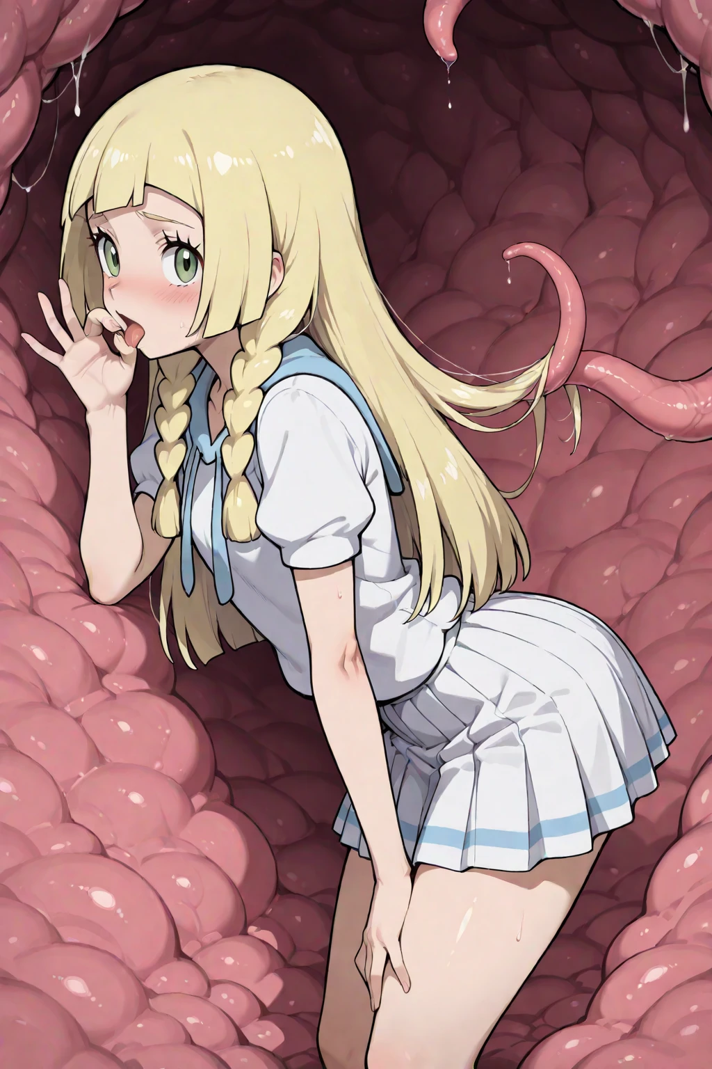 Blonde, octopus tentacles inserted in pussy, octopus tentacles inserted deep in mouth, legs spread in M position, legs spread, octopus tentacles attached to chest, blushing, drooling, tears, climax, 2 holes being tortured by octopus tentacles, nipples, blindfold, hands tied upwards to octopus tentacles, armpits, creampied, blindfolded, Kanzaki Ranko, legs spread in M position, octopus tentacles wrapped around, small breasts, tentacles enjoying the taste of nipples, 1 girl, tentacles inserted in pussy