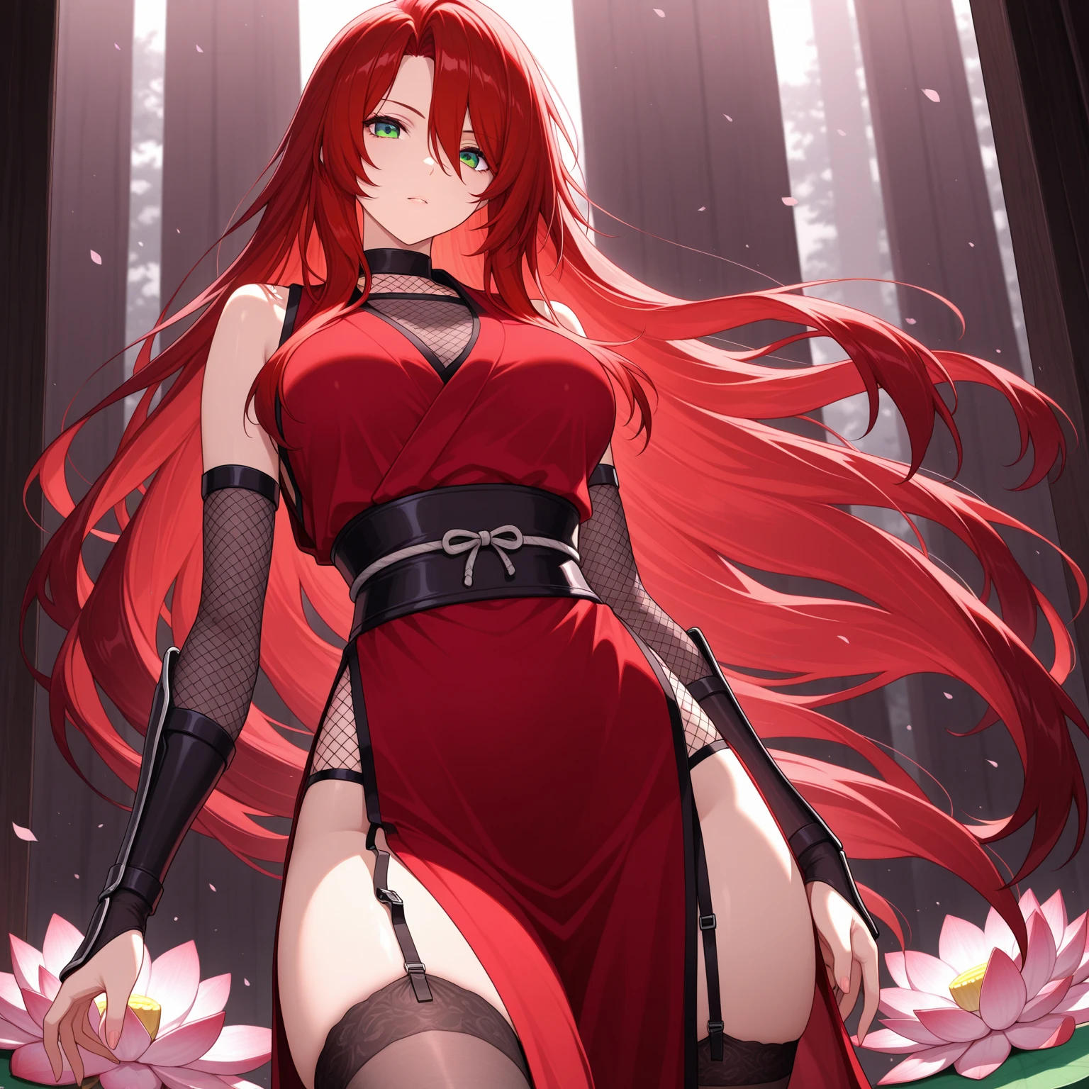 Illustration, Rias Gremory, High School DxD, anime girl, red hair, long hair, seductive expression, revealing black lingerie, stockings, high heels, large breasts (34C), curvy figure, toned legs, smooth skin, shapely thighs (22 inches), slender ankles (7 inches), delicate feet (size 7), intricate details, dynamic pose, dramatic lighting, warm colors, soft focus, 4k, high resolution, ultra high resolution, intricate detail, detailed texture, erotic atmosphere, suggestive pose, solo character, single figure, no duplicate, no extra limbs, no mutated hands, no dehydrated skin