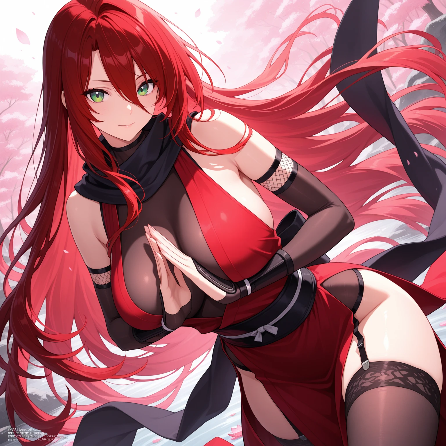 4K,High resolution,one woman,redhead,long hair,blue eyes,big breasts,ninja,White priestess uniform,side boob,removed sleeve,Japanese sword,city of the future