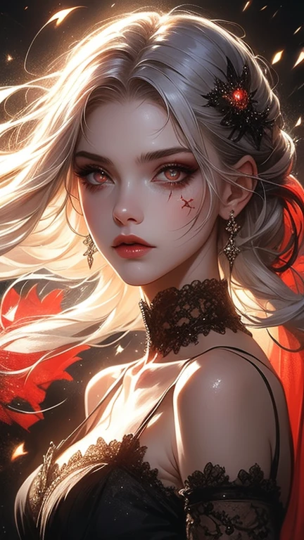 (reminiscent, captivating, and dreamy atmosphere),(malicious gaze with red eyes, porcelain skin, a mischievous smile), their decomposing face with exposed teeth, Crying blood, Red Flowers