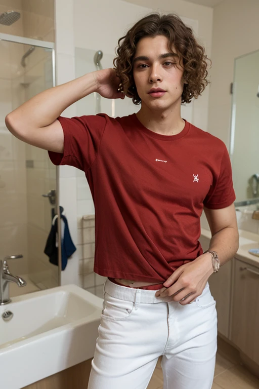 (1boy, photorealistic:1.4, ultra realistic, masterpiece:1.2, best quality, 4k, 8k) beautiful full body photograph of a 18-year-old male wearing only red underwear, ginger red hair, ginger red pubes, freckles, detailed green eyes, Irish male, slim body build, playful expression, intimate moments, delicate skin, detailed face, ultra realistic skin, youthful innocence, shot on Nikon d850 50mm, dlsr, RAW, photo studio lighting, 3 point lighting, flash with soft box, simple background