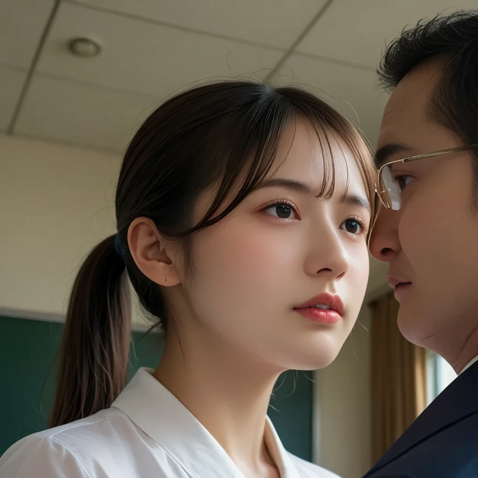 A Chinese man and a young Korean woman are kissing, age difference, age difference, giant size, ((20 year old man, cao 1m80, bearded, Wrinkles on man&#39;s face, muscular body, smiling face, body full of hair, broad shoulders, eo hẹp, 8-pack abs, hug standing, squeeze the girl&#39;s chest)), ((40 years old sexy girl, cao 1m60, small size and skinny, long black hairstyle, face red because of embarrassment, tư thế tình dục, kiss, ngực F cup)), 20 year old man, A young girl, sea, wooden hut, Detailed face, thực tế, ngực, nude, tình dục, see-through tank top, large chest groove, small areola; full body photo, The man kisses the girl&#39;s neck
